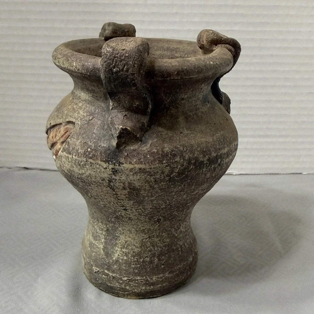 Rustic Style Ceramic Pottery Vase Feather Motif Weathered Finish Loop Handles
